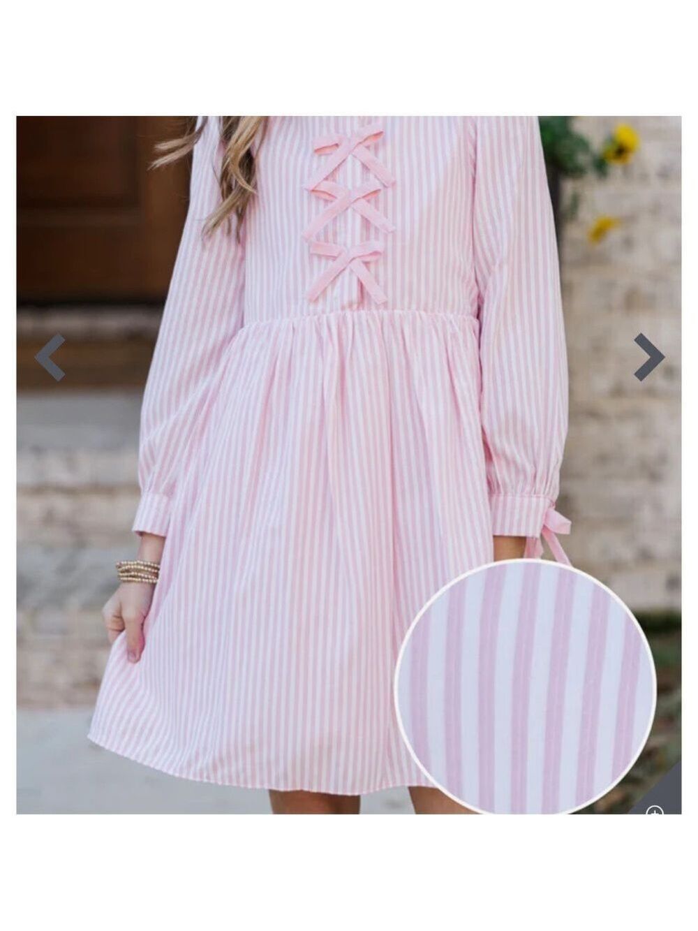 Girls Pink Striped Long Sleeve Dress with Ribbon Accents
